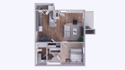 A 3D rendered image of a small apartment layout.